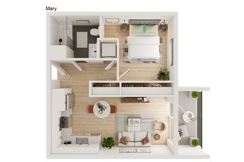 Floor plan for 1 bed, 1 bath, 503 sqft